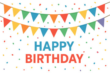 Happy Birthday Banner Vector Design Template with Multicolored Party Flags, Carnival Garland, Confetti Decoration for Birthday Celebration, Festive Birthday Party Decor