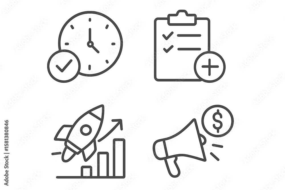 Poster project management and business startup line icons set. time management, task planning, productivity