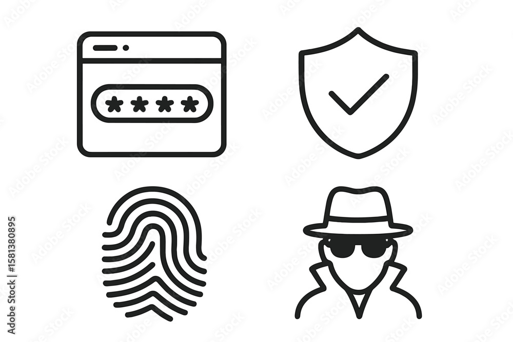 Poster cyber security line icons set. password protection, secure shield, fingerprint authentication, spy h