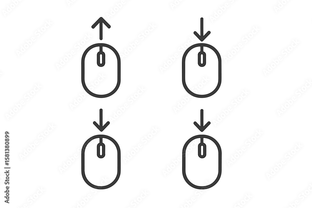 Poster set of four vector mouse scroll icons with upward and downward arrows. web navigation symbols for us