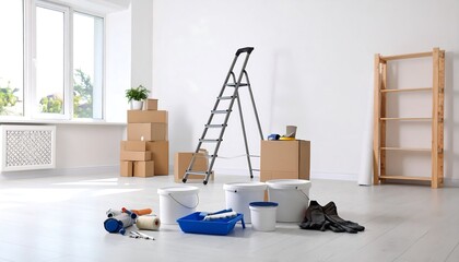 Interior room undergoing renovation. Painting supplies and boxes are visible
