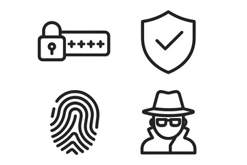 Line style vector cyber security icon set for web and mobile: padlock password entry, shield checkmark protection, fingerprint authentication, spy agent privacy silhouette