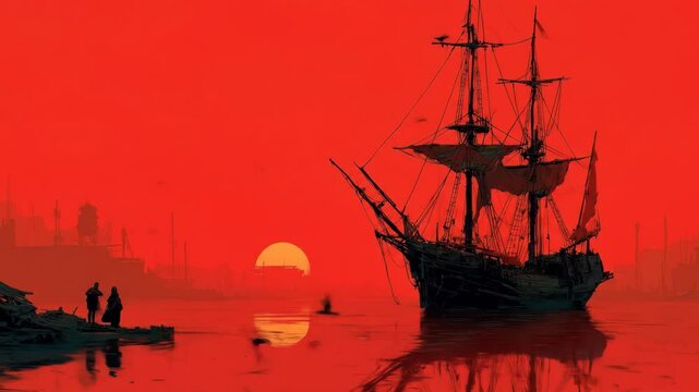 Old sailing ship on water at sunset, cityscape in background