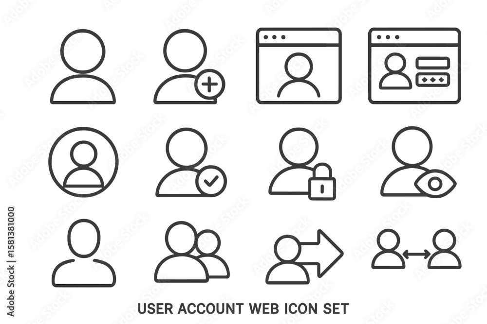 Poster user account web icon set in line style, collection of linear user profile icons including profile, 