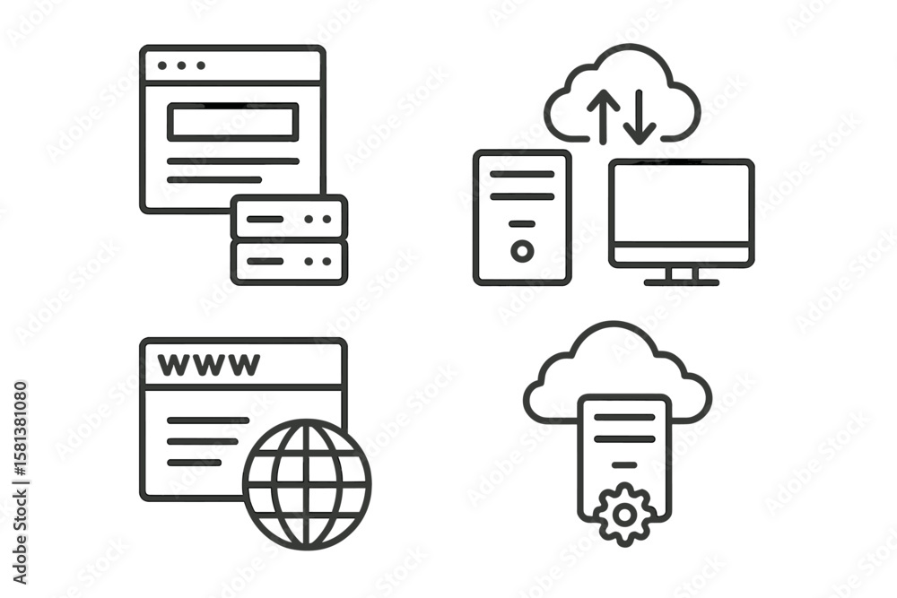 Poster web hosting and cloud computing vector icon set. line style symbols for webspace, domain, data excha
