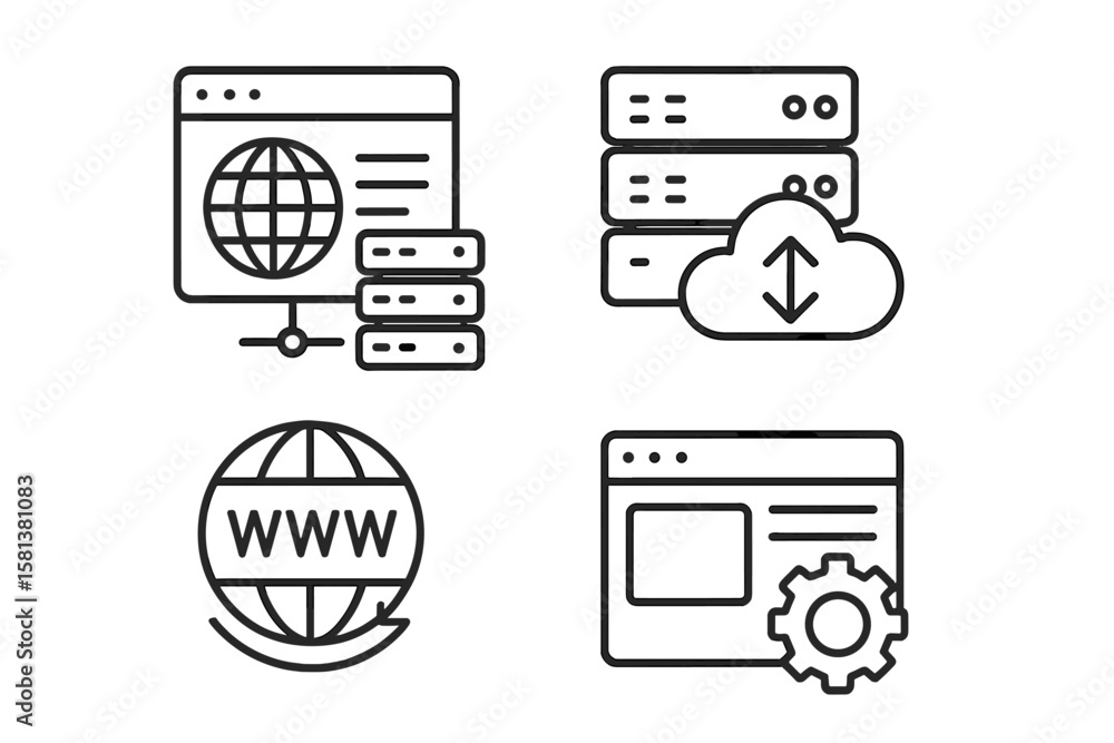 Poster set of 4 web hosting and cloud computing line style icons for web and mobile apps, including webspac