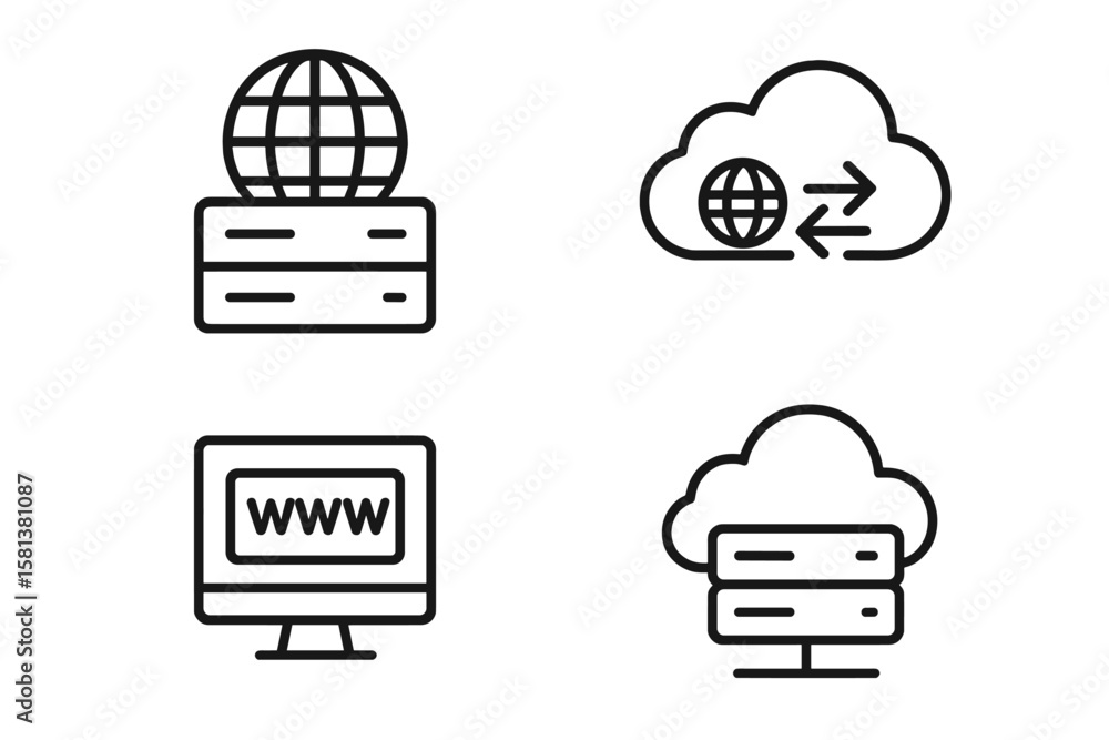 Poster web hosting and cloud computing icons set. line style vector symbols for webspace, data exchange, do