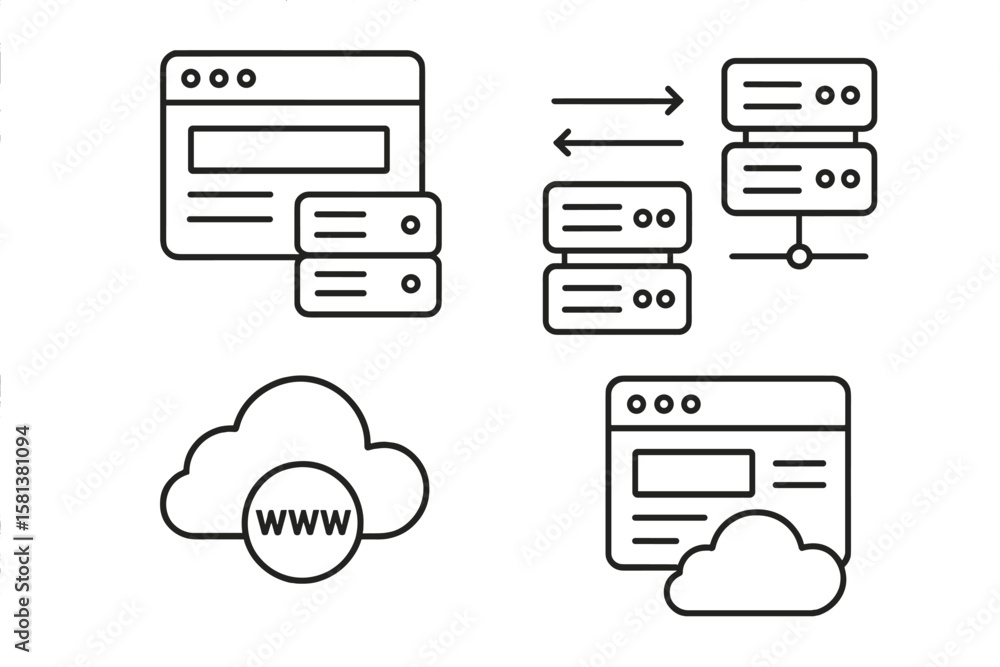 Poster web hosting and cloud computing icons set. line style vector symbols for website, server, data excha