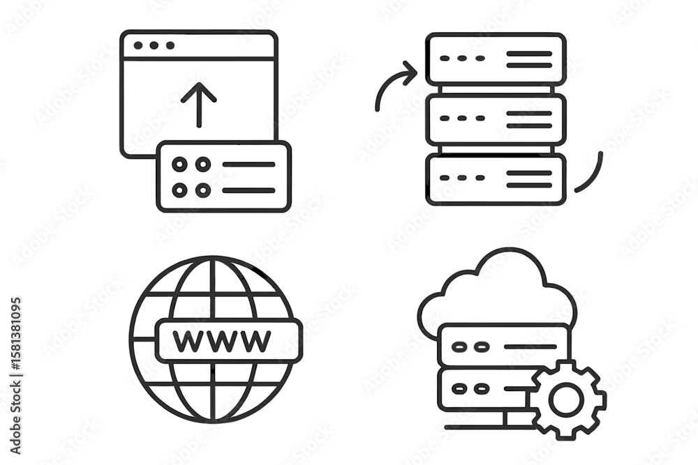 Poster web hosting and cloud computing line icons set. server, data exchange, domain, website, cloud storag