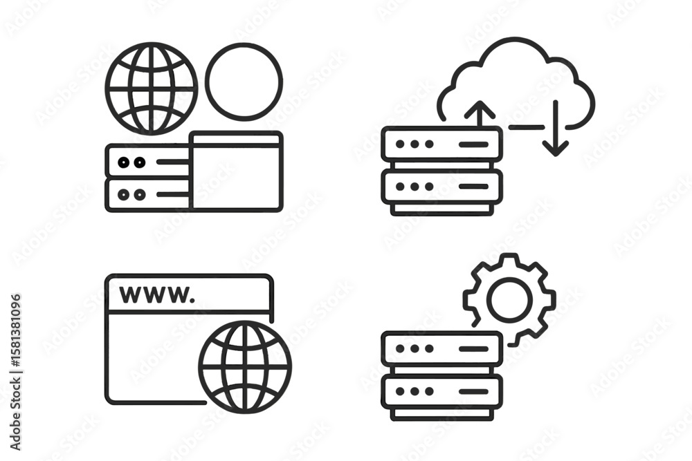 Poster set of 4 web hosting and cloud computing icons in line style, including webspace, data exchange, dom