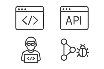 Web development line style icon set, code editor, API integration, programmer coding on laptop, system flow node connection, bug fix vector symbols for software and app development tools