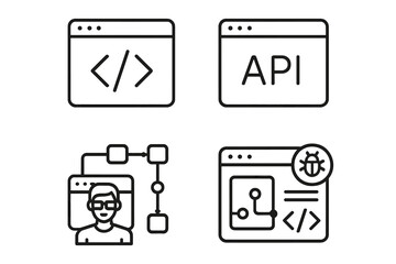 Line style web development icon set: browser window with code brackets, API interface symbol, developer profile with workflow and node connection, bug fix and coding process icons