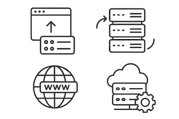 Web hosting and cloud computing line icons set. Server, data exchange, domain, website, cloud storage, internet, configuration. Vector illustration for web, mobile apps, IT services