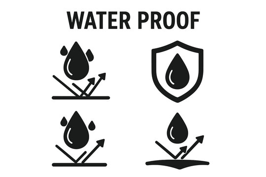 Waterproof icon set. Water resistant symbols. Liquid repellent, anti-wetting, water protection, shield with droplet, impermeable material, moisture barrier vector illustration