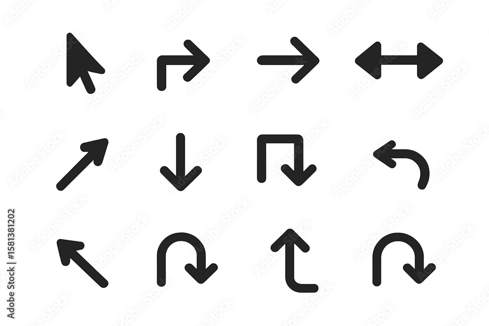 Poster arrow icons with various directions and cursor symbols, ui elements for web graphics and apps, vecto