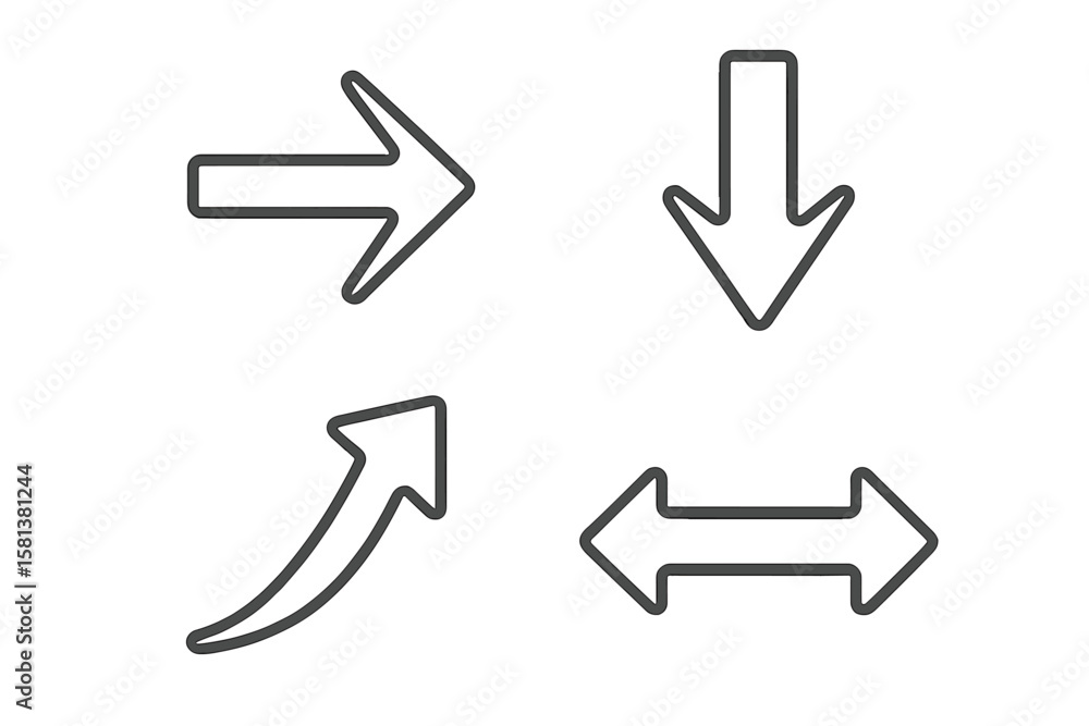 Poster Arrow icon set. Collection of black thin line simple vector arrows. Pointers for web design ui ux. Navigation symbols up, down, left, right. Isolated on transparent background.