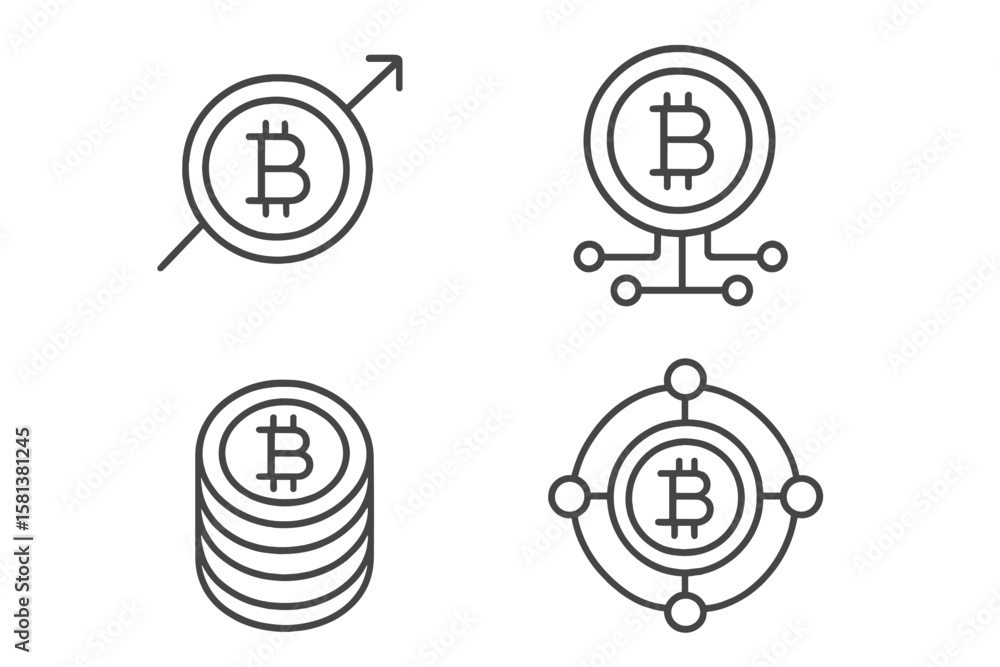 Poster bitcoin cryptocurrency line icon set. blockchain technology, digital finance, and investment growth 