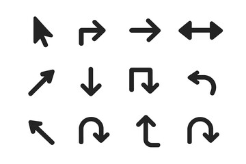 Arrow icons with various directions and cursor symbols, UI elements for web graphics and apps, vector illustration on transparent background, modern digital interface design
