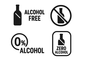 Alcohol free icon vector set, zero alcohol emblem, 0% alcohol label, non alcoholic safe product symbol, skin & body care, cosmetic icons, no alcohol content, safe and natural