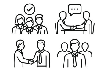 Business people icon set in line style. Teamwork, collaboration, management. Business meeting, handshake, agreement, deal, partnership. Professional success, corporate team.