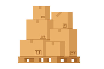Stack of cardboard boxes on wooden pallet, warehouse storage, front view, vector illustration, folded boxes, packaging, shipping, logistics, delivery, inventory, distribution