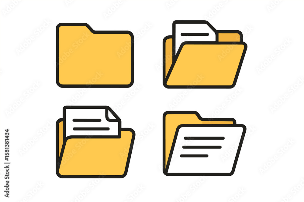 Poster folders icon set with documents, open and closed folders, document directory signs, data office fold