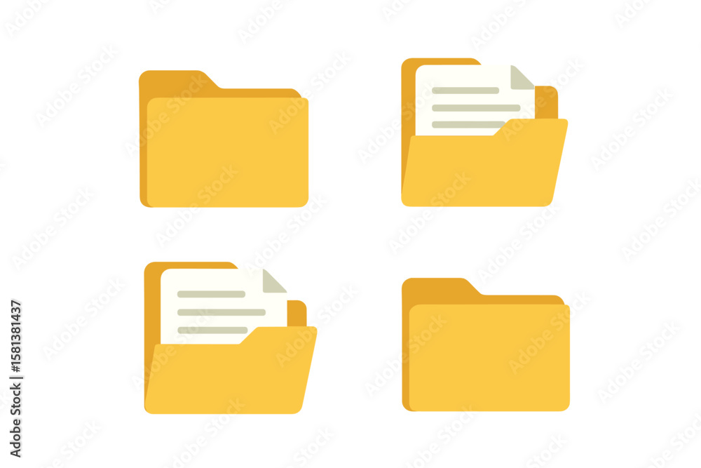 Poster folder icon set with documents. open and closed folder collection for data management and file organ
