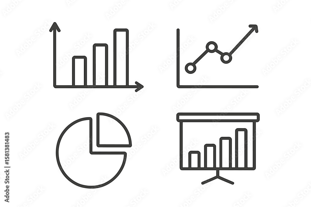 Poster set of 4 modern line style web icons of graphs and charts: bar chart, line graph, pie chart, present