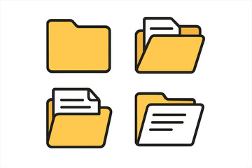 Folders icon set with documents, open and closed folders, document directory signs, data office folder files, flat icons for web and office, set of 4 folder graphics