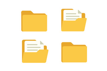 Folder icon set with documents. Open and closed folder collection for data management and file organization. Flat design vector graphic for office directory, web, and app UI.
