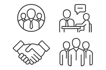 Business icon set in line style. Teamwork, meeting, and handshake icons. Collaboration, partnership, and corporate communication symbols. Human resources and recruitment vector.