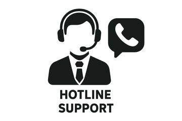 Hotline support service vector icon. Call center agent with headset. Customer service representative. Technical assistance concept. Help desk communication symbol. Operator silhouette.
