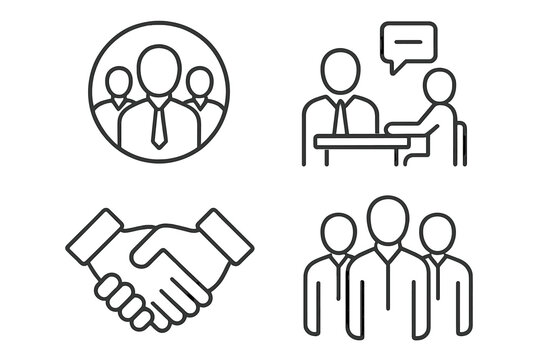 Business icon set in line style. Teamwork, meeting, and handshake icons. Collaboration, partnership, and corporate communication symbols. Human resources and recruitment vector. - Powered by Adobe