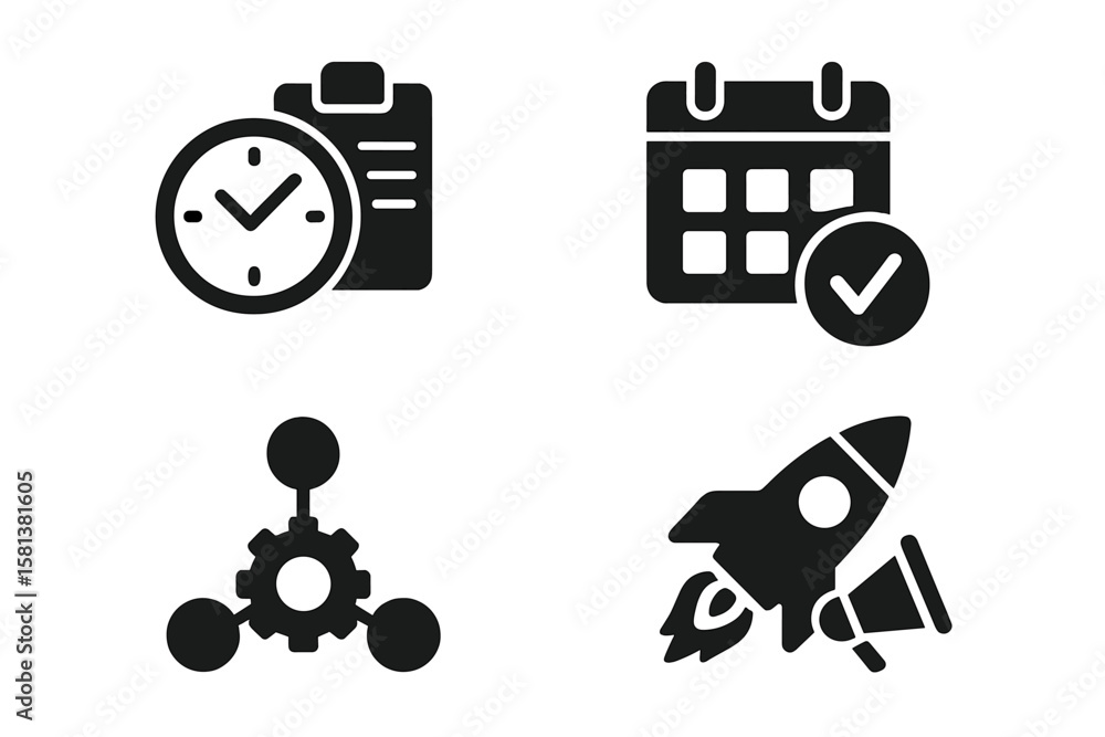 Poster project management solid icons set. business and organization symbols for web and mobile apps. time 
