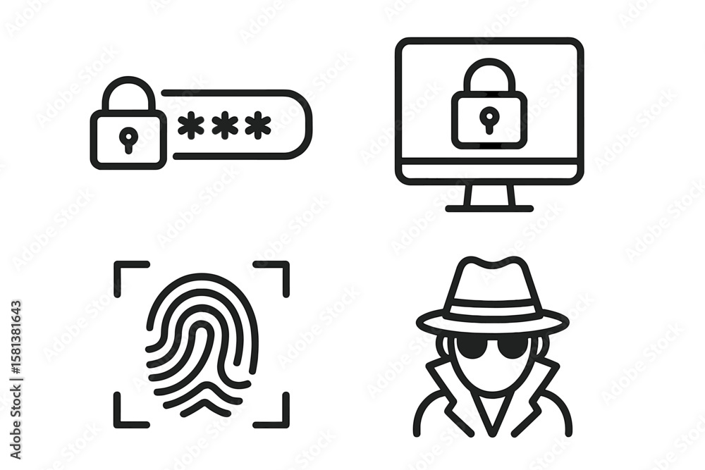 Fototapete Cyber security line icon set. Internet data protection and privacy concepts. Password authentication, fingerprint biometric scan, computer lock and spy or hacker vector icons.