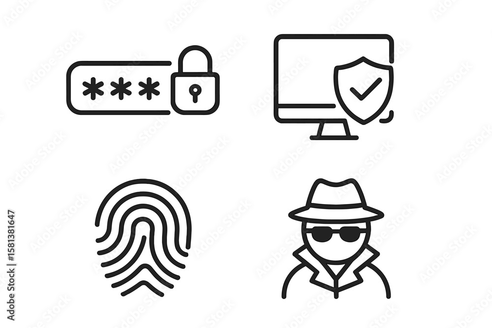 Poster set of 4 cyber security and internet protection web icons in line style, password lock, security sys