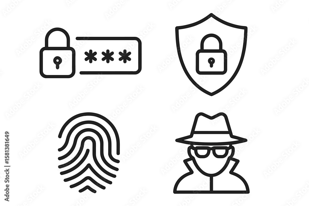 Poster security icon set in line style. cyber security and internet data protection collection. password, l