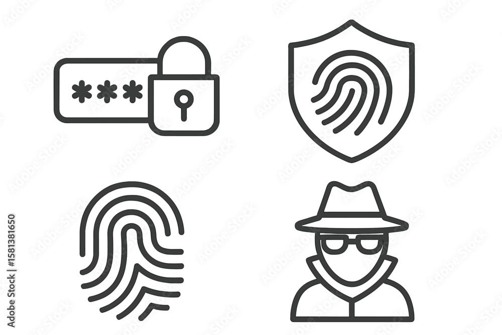 Poster set of 4 cyber security and internet protection web icons in line style, password lock, fingerprint 