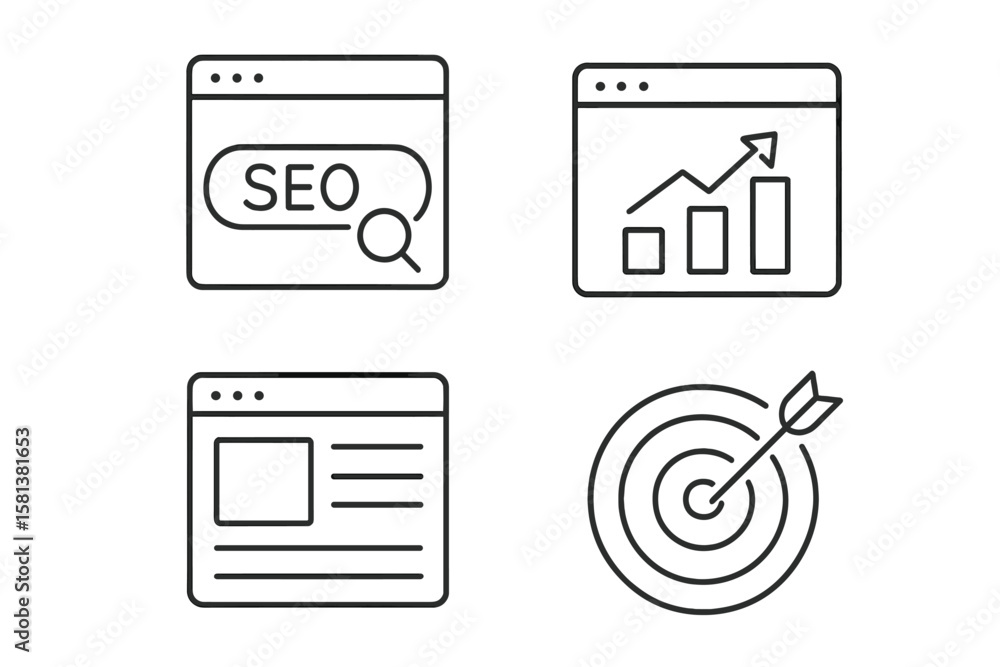 Poster seo optimization linear icons set. search engine optimization for website traffic growth, page ranki