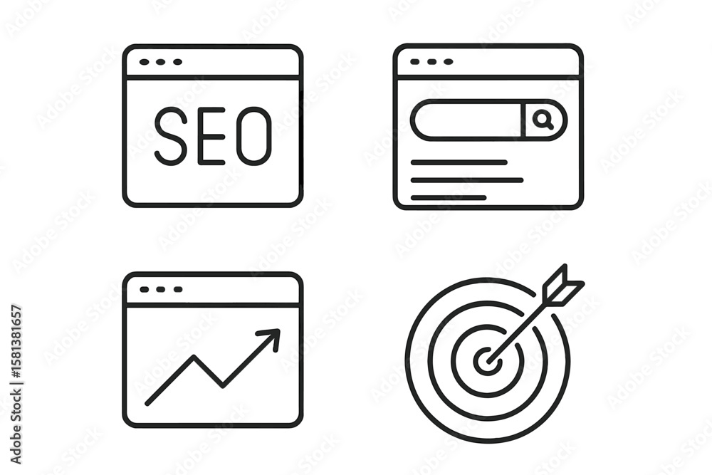 Poster seo optimization icon set. web line icons for search engine optimization, business traffic growth, a