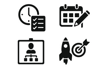 Project management solid glyph icons set. Business organization concept. Time management. Planning schedule calendar. Hierarchy structure. Startup launch goal target marketing.