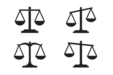 Scales of justice icon set. Law and legal symbol for court or lawyer. Libra zodiac sign. Black vector illustration showing balance and imbalance. Equality and decision concept.
