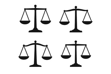 Scales of justice vector icon set. Law and legal concept. Libra zodiac sign symbol. Court, judge and lawyer emblem. Balance, equality, truth, crime and punishment metaphor.