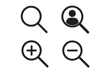Search icons set of 4 magnifying glass symbols. Magnifier or loupe sign collection. Concept for finding people, job search, recruitment, zoom in, zoom out. Vector design.