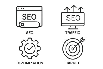 SEO icon set in thin line style. Search engine optimization concept. Website traffic growth, target audience, business marketing strategy, web analytics and promotion symbols.