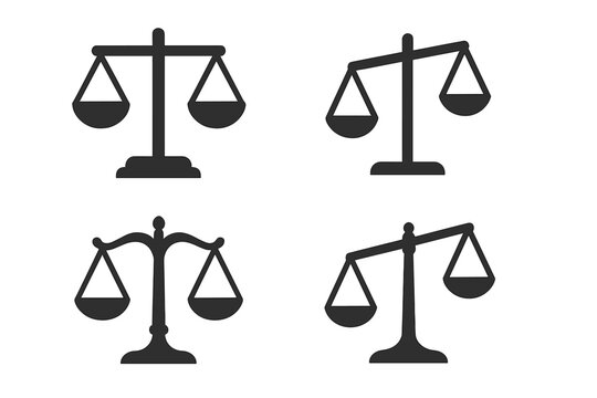 Scales of justice vector icon set for law and legal concepts. Four different flat silhouettes of balance scales showing equilibrium and imbalance. Symbol of fairness and court.