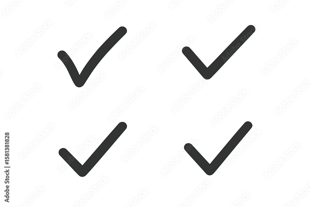 Poster set of 4 simple hand-drawn check marks. vector icon collection for approval, confirmation, and task 