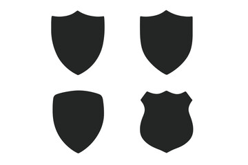 Set of 4 black security shield icons, protection and safety symbols, police badge shapes, vector illustration, design elements for security, defense, law enforcement concept