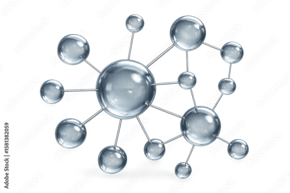 Poster shiny metallic spheres interconnected, forming a network structure on a transparent background, symb