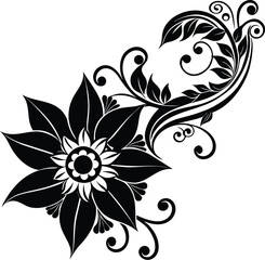 Monochrome Flower Corner Ornament In Leaf Swirl Shape